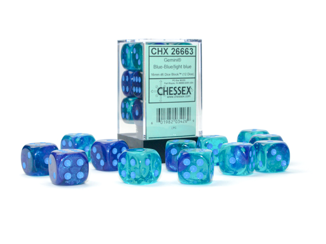 Gemini® 16mm d6 Blue-Blue/light blue Luminary™ Dice Block™ (12 dice)
