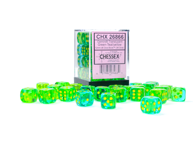 Chessex - Gemini Translucent Green-Teal/Yellow 12mm d6 (36 dice)