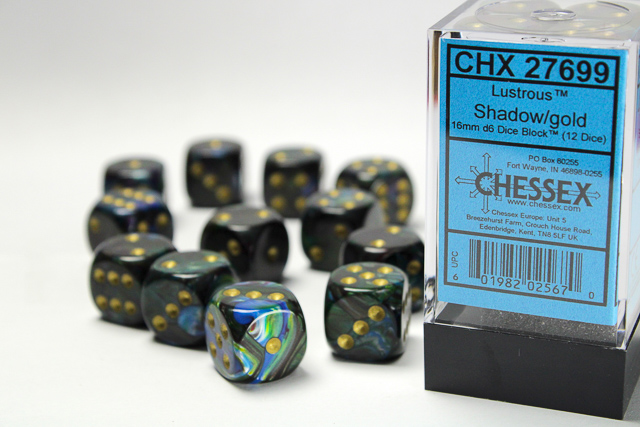 Chessex - Lustrous® 16mm d6 Shadow/gold Dice Block™ (12 dice)