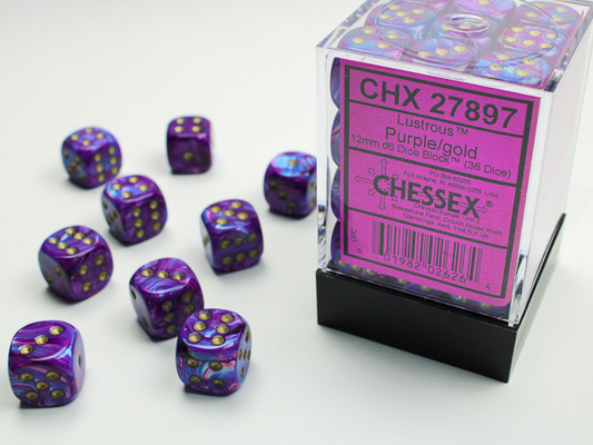 Chessex Lustrous 12mm D6 Purple/gold Dice Block (36 dice)