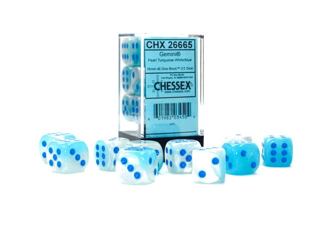 Chessex - Gemini® 16mm d6 Pearl Turquoise-White/blue Luminary™ Dice Block™ (12 dice)