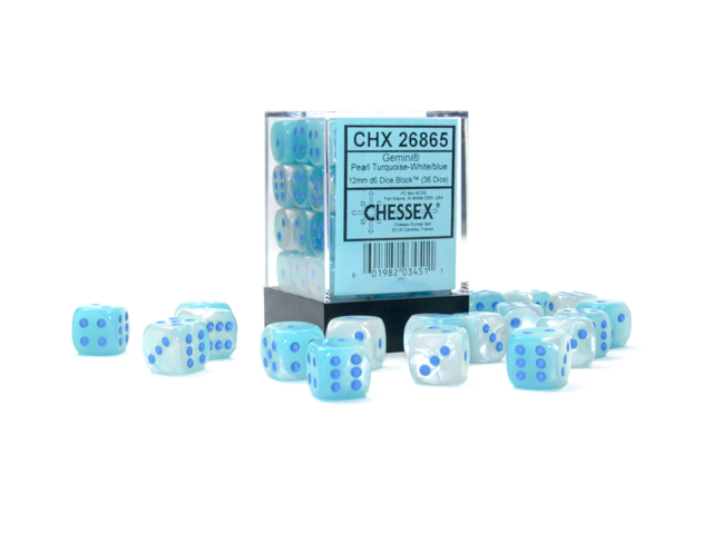 Chessex - Gemini Pearl Turquoise-White/Blue 12mm d6 (36 dice)