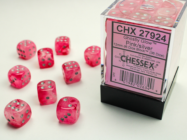 Chessex - Ghostly Glow Pink/Silver 12mm d6 (36 dice)