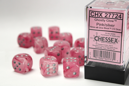 Chessex - Ghostly Glow™ 16mm d6 Pink/silver Dice Block™ (12 dice)
