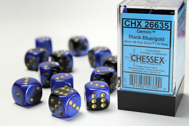 Chessex-Black-Blue/Gold -Gemini-12 Die Set