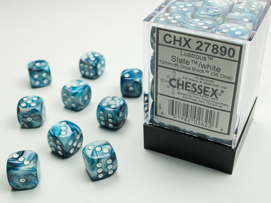 Chessex Lustrous® 12mm d6 Slate™/white Dice Block™ (36 dice)