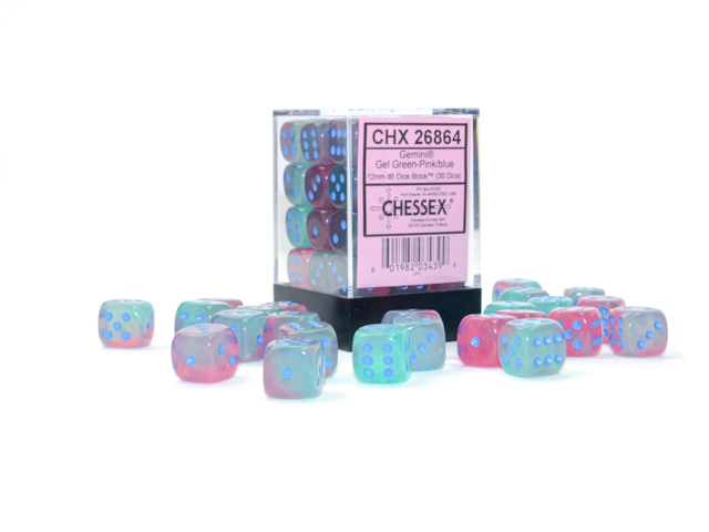 Chessex - Gemini Gel Green-Pink/Blue 12mm d6 (36 dice)