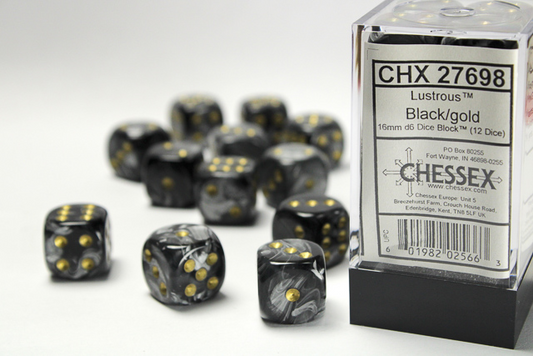 Chessex - Lustrous® 16mm d6 Black/gold Dice Block™ (12 dice)