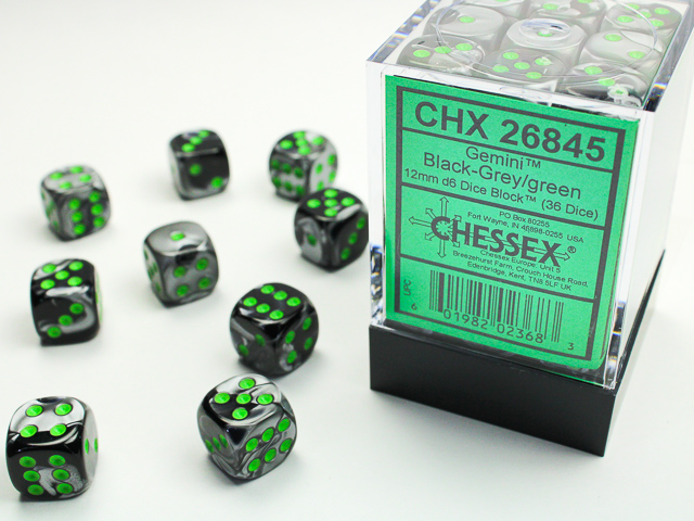 Chessex - Gemini Black-Grey/Green 12mm d6 (36 dice)