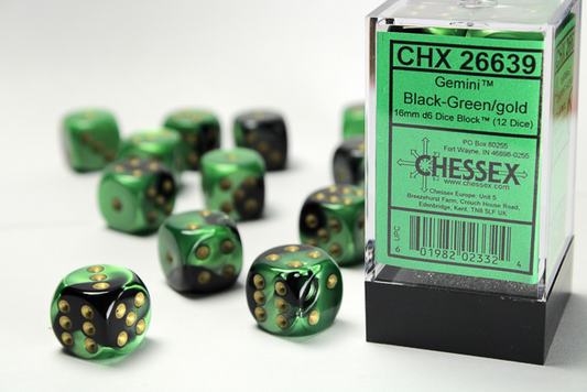 Chessex-Black-Green/Gold-Gemini-12 Die Set