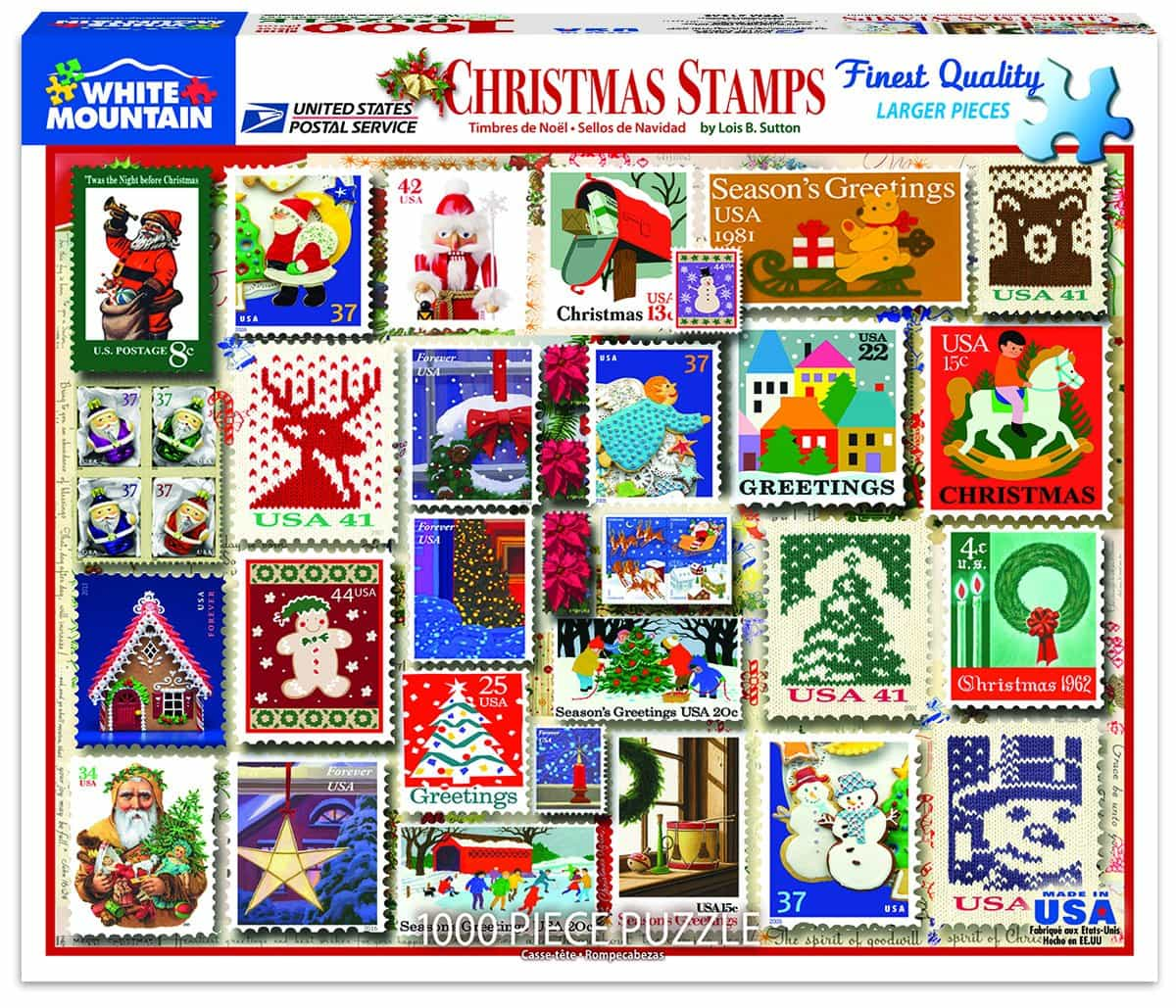 White Mountain Puzzles - Christmas Stamps 1000 piece jigsaw puzzle.