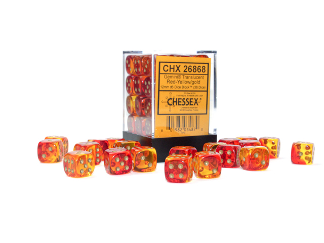 Chessex - Gemini Translucent Red-Yellow/Gold 12mm d6 (36 dice)