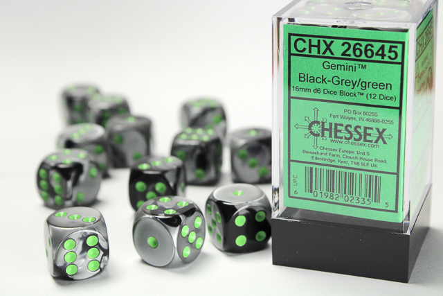 Chessex-Black-Grey/Green -Gemini-12 Die Set