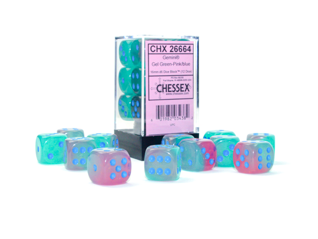 Chessex - Gemini® 16mm d6 Gel Green-Pink/blue Luminary™ Dice Block™ (12 dice)